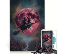Brujas Volando en Escoba con Luna roja Rompecabezas para Adultos,1000 Piezas Estimula la Mente Juego de Corte preciso Alineación Actividad para Fortalecer los Lazos Familiares (50x75cm)
