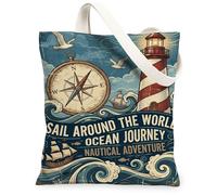 Brújula bolsa de lona para mujer, náutica clásico, faro de vela, verano, azul, lavable, reutilizable, ideas para compras, viajes, oficina, biblioteca, casual, 13 x 15 pulgadas