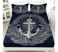 BrúJula de Ancla NáUtica Sábana Bajera Ajustable para Colchón 200x200x30 cm Azul Oscuro Suave y Transpirable, Microfibra con Elástico en el Borde, Bolsillo Profundo 30 cm, 2 Fundas