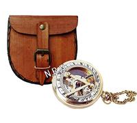 Brújula de reloj de sol con acabado de latón con caja de cuero y cadena, brújula abierta a presión, accesorio Steampunk, hermoso regalo hecho a mano - reloj undial