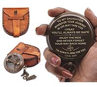 Brújula de Reloj de Sol grabada con Funda de Piel - To My Daughter from Dad - Vintage latón brújula Regalo con Cita inspiradora - graduación, cumpleaños, Recuerdo de Viaje del Padre