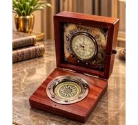 Brújula náutica antigua y reloj en caja de madera, Londres | Esfera con números romanos, acabado de latón, caja de madera con bisagras, decoración de escritorio, estilo vintage marítimo