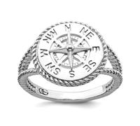 Brújula pulida de plata de ley 925 chapada en rodio con anillo de cuerda, regalo de joyería para mamá, US 7 | EU 55.25 | DE 17.25 | JP 14 | UK O, Metal Plata metal Rodio Plata, Sin piedras preciosas