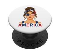 Brunette American Girl America Flag American Girlfriend Wife PopSockets PopGrip Adhesivo