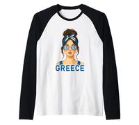 Brunette Greek Girl Greece Flag Greek Girlfriend Wife Camiseta Manga Raglan