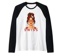 Brunette Swiss Girl Switzerland Flag Swiss Girlfriend Wife Camiseta Manga Raglan