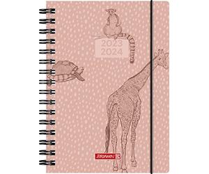 BRUNNEN Agenda 2023/2024 Wild Animals, tamaño A5, color rosa, 1 página = 1 día, sábado + solo en una página