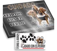 "Bruno del Jura Cartel Cuidado con el Perro 20x12,5cm - Diseño Antracita en Dibond con Pegatina Coche 20x5cm - En Español"