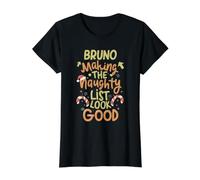 Bruno Naughty List Funny Christmas Bruno Nombre Personalizado Camiseta gráfica económica, Mujer, Negro, XL