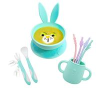 BRUNOKO Tazones para bebés con ventosa Set de taza y cuenco en verde para bebé - Incluye 1 cuenco, 1 taza, tenedor/cuchara y 4 pajitas - Primera vajilla bebé - Apto para lavavajillas y microondas