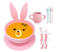 BRUNOKO Tazones para bebés con ventosa Set de taza y cuenco en verde para bebé - Incluye 1 cuenco, 1 taza, tenedor/cuchara y 4 pajitas - Primera vajilla bebé - Apto para lavavajillas y microondas