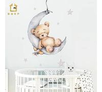 BRUP Decoración de habitación de bebé Oso de dibujos animados Luna durmiente y estrellas Pegatinas de pared interiores para habitación de niños Calcomanías de pared Habitación de niños Bear and Pink M