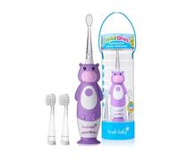 Brush-Baby Cepillo de dientes eléctrico recargable para niños de 0 a 10 años, diseño de hipopótamo con luces intermitentes, cerdas DeepClean para una limpieza profunda, 2 cabezales de repuesto y 1