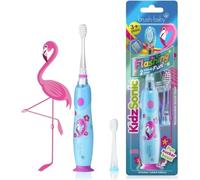 Brush-Baby - Flamingo KidzSonic - Cepillo de dientes eléctrico para niños, a partir de 3 años, cerdas DeepClean, base de succión, diseño divertido con luces de discoteca intermitentes, 2 cabezales de