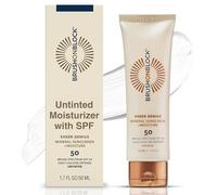 Brush On Block Protector solar mineral Sheer Genius con humectante, FPS 50, protección UVA/UVB y luz azul con ácido hialurónico, se aplica transparente, no daña los arrecifes translúcido, 50 g