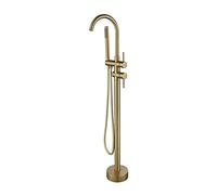 Brushed Gold Bathroom Freestanding Bathtub Faucet Floor Mounted Swivel Spout Tub Filler with Hand Shower Set Single Handle Bath Shower Mixer Taps A Style Handle