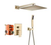 Brushed Gold Rain Shower System Wall Mounted Shower Faucet Set Brass Shower Combo Set Single Handle Rain Mixer Shower with Shower Head, Handheld Shower