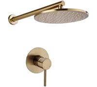 Brushed Gold Shower System Solid Brass Bathroom Rianfall Shower Head Shower Faucet Wall Mounted Shower Arm Shower Set, 8Inch