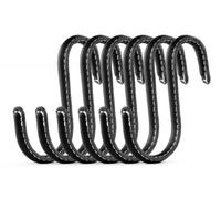 Brute Strength - Ganchos en forma de S envueltos en cuero de grano completo - 6 piezas - Negro - Ganchos metálicos de acero inoxidable de 10 cm para colgar en la cocina, el taller y el baño