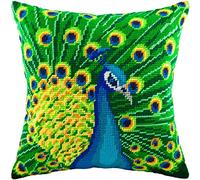 Brvsk Pavo real. Kit de bordado con lienzo tapiz impreso (40 × 40 cm) - Kit de cojines de bordado para decoración creativa del hogar - Kit de costura para adultos principiantes