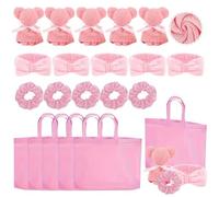 Brxmpn 20 Pcs Sleepover Party Supplies SPA Party Favors Include 5 Teddy Bear Towels 5 Headbands 5 Hair Ties 5 Gift Bags for Slumber SPA Birthday Bachelorette