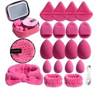 BS-MALL Espejo de luz LED de viaje con juego de esponjas de maquillaje, portátil súper suave, esponja de dedo, mini esponjas para una aplicación uniforme, incluye esponjas de lavado facial, pulsera