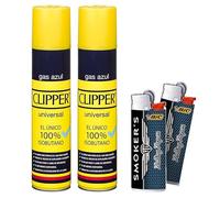 BSA Pack 2 Botellas de GAS CLIPPER AZUL 300 ML para Recargar Mecheros y Sopletes de Cocina + 2 MECHEROS DE REGALO