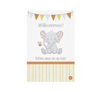 bsb Tarjeta de felicitación para nacimiento con texto en alemán "Willkommen" pequeño elefante