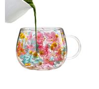 Bsbkoj Vasos Doble Pared Vidrio | Tazas De 250 Mililitros Con Pétalos Coloridos - Vaso De Vidrio Aislante Con Asa Y Flor Seca | para Casa Oficina Bar y Té Frío con Hielo y Agua Caliente