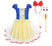 BSBUY Disfraz Blancanieves Princesa, Set de 5 Vestidos Princesa de Dibujos Animado, con Aro Para el Cabello y Varita Mágica, Disfraz de Halloween Cosplay Cumpleaños Carnaval Fiesta Ropa Casual