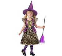 BSBUY Disfraz de Bruja Niña Morado, Vestido de Bruja Niña y Sombrero y Escoba y Etiqueta Engomada, Disfraz Mágica para Niñas, para Halloween Terror Cosplay Carnaval, M