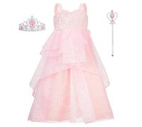 BSBUY Disfraz de Glinda para Niña, Vestidos Princesa Niña con Corona y Cetro, Vestido Largo de Princesa con Capas y Tul, Disfraz Niña para Fiesta Temáticas Cumpleaños Halloween Rosa, 140cm