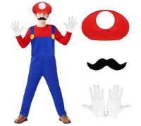 BSBUY Disfraz de Mario y Luigi para Niños, Disfraz Supermario Niño, con Gorra Barba y Guantes, para Halloween y Carnaval, Rojo-M