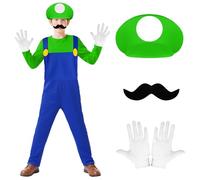 BSBUY Disfraz de Mario y Luigi para Niños, Disfraz Supermario Niño, con Gorra Barba y Guantes, para Halloween y Carnaval, Verde-S