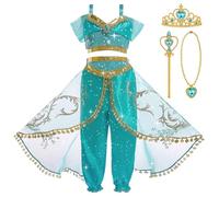 BSBUY Disfraz de Princesa Jazmín para Niña, Vestir Jasmine, Cetro y Corona, Disfraz Niña Halloween Cosplay Cumpleaños Carnaval Fiestas Danza del Vientre, 150cm