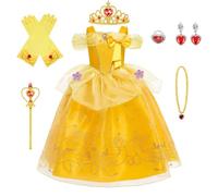BSBUY Disfraz Princesa Bella Niña, Vestido Bella y Bestia Niña Clásico Con Gran Arco y Accesorios para Fiesta Cosplay Cumpleaños Navidad, 140cm