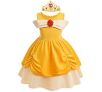 BSBUY Disfraz Princesa Bella Niña, Vestido Bella y Bestia Niña Mangas Cortas con Corona, Disfraz Princesa Niña para Fiesta Cosplay Cumpleaños Navidad, 130cm