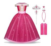 BSBUY Disfraz Princesa Niña, Set 6 de Vestido Niña con Varita Mágica y Corona, Disfraz Halloween Niña 3 Años para Disney Cumpleaños Halloween Fiesta Durmiente Princesa Traje Cosplay, 140cm