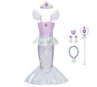 BSBUY Disfraz Sirenita Niña, Disfraz Princesa Niña de la Sirena con Collar Corona y Varita Mágica, Vestido Sirenita Niña, Disfraz Halloween Niña para Carnaval Fiesta Cumpleaños, 150cm