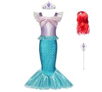 BSBUY Disfraz Sirenita Niña, Disfraz Princesa Niña de la Sirena con Peluca Corona y Varita Mágica, Vestido Sirenita Niña, Disfraz Halloween Niña para Carnaval Fiesta Cumpleaños, 100cm