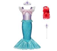 BSBUY Disfraz Sirenita Niña, Vestido Princesa de la Sirena con Peluca Corona y Varita Mágica, Halloween Niña para Carnaval Fiesta Cumpleaños