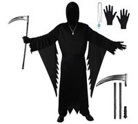 BSBUY Disfraz Terror y Fantasma Adulto, Disfraz de Segador con Guadaña de la Muerte y Máscara y Collar de Grito Luminoso, para Cosplay de Scream de Carnaval de Halloween, L
