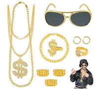 BSBUY Hip Hop Rock Accesorios, 10 Piezas Kit de Disfraces de Hip Hop, con Cadena de Rapero, Collar Anillo de Dólar, Gafas de Sol, para Disfraz de Mardi Gras y Carnival Cosplay