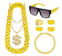 BSBUY Hip Hop Rock Accesorios, 8 Piezas Kit de Disfraces de Hip Hop, con Cadena de Rapero, Collar Anillo de Dólar, Gafas de Sol, para Disfraz de Mardi Gras y Carnival Cosplay