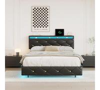 BSCFHCZ Cama acolchada de 160 x 200 cm, red LED y USB, cama flotante moderna, cama de matrimonio con LED, con cabecero, estructura de cama con somier de láminas, PU (PU + negro, 160 x 200 cm)