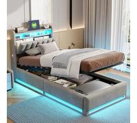 BSCFHCZ Cama Individual 90x200 con Almacenaje Hidráulico, Cama Juvenil Tapizada en Terciopelo, Cabecero con Estantes, USB Tipo-C y Luz Ambiental, Canapé Abatible 90x200 cm, Sin Colchón, Gris