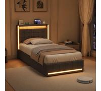 BSCFHCZ Cama individual con almacenamiento de 90 x 200 cm, estructura de cama acolchada de lino con luces LED y enchufes USB/Type-C, colchón hidráulico que ahorra espacio con cabecero de solapas, gris