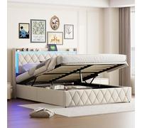BSCFHCZ Cama Juvenil 140x200 de Terciopelo con Gran Almacenaje Inferior, Base Tapizada con Canapé Abatible y Estante en Cabecero, Mueble Ahorro de Espacio, Color Beige Elegante, Sin Colchón