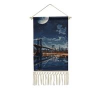 BSCKKDMN Moon Light New York City - Póster colgante de algodón y lino con borla, tapiz vertical largo para colgar en la pared, obras de arte para decoración de sala de estar, oficina, dormitorio, 10 x