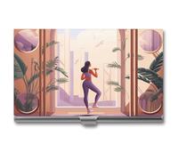 BSCKKDMN Tarjetero delgado y portátil de metal para tarjetas de visita, una mujer que hace ejercicio, bolsillo para tarjetas de nombre, cartera para hombres y mujeres, oficina, viajes